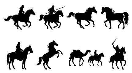 Fototapeta premium Set of black horse and rider silhouettes in various dynamic poses for equestrian design, heraldry elements, historical reenactment, animal tracking
