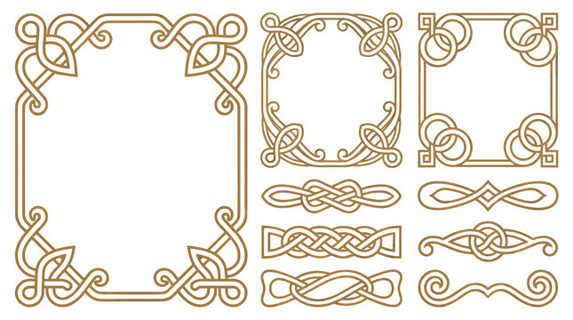 Set of decorative celtic knot frames and dividers with gold outline, intricate linear borders for wedding invitations, stationary design, page