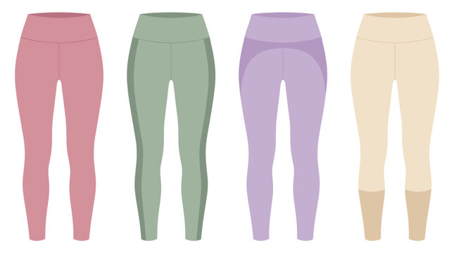 Set of four colorful leggings for sportswear and fashion design, flat apparel templates, fitness clothing silhouettes, athleisure style, apparel
