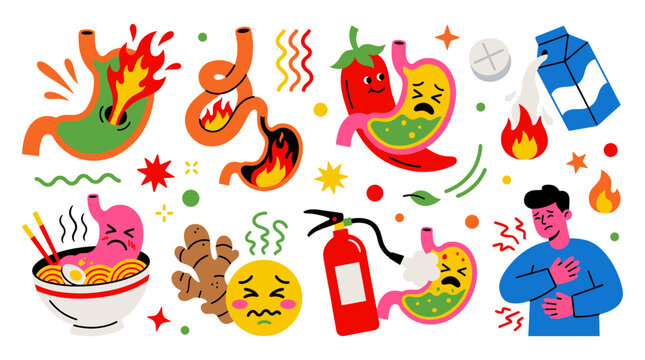 Set of anatomical stomach illustrations depicting digestive issues, heartburn, acid reflux, spicy food reaction, medical treatment, health care icons