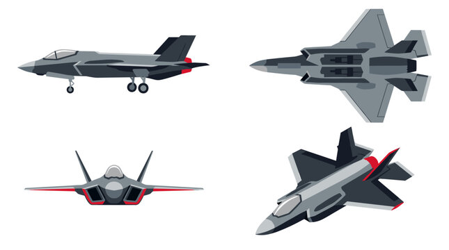 Set of modern fighter jets in different viewpoints showing side, top, front, and isometric perspective for military aviation, defense and air combat