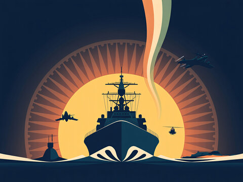 Naval Warship with Fighter Jets and Indian Tricolor at Sunrise