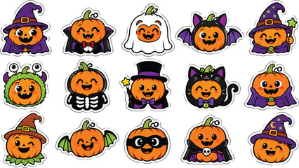 Fototapeta premium Halloween pumpkin characters dressed as costumes colorful vector illustration on white