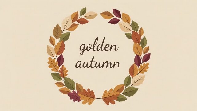 Golden autumn typography text inside a circular wreath of colorful fall leaves on a cream background