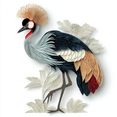 Fototapeta premium Majestic Grey Crowned Crane Bird Illustration With Gold Accents And Floral Elements On White Backdrop