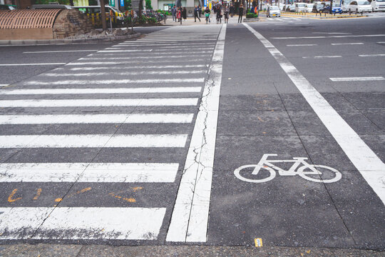 Zebra crossing and bicycle lane symbol painted on an asphalt road at an intersection in Osaka, Japan.
