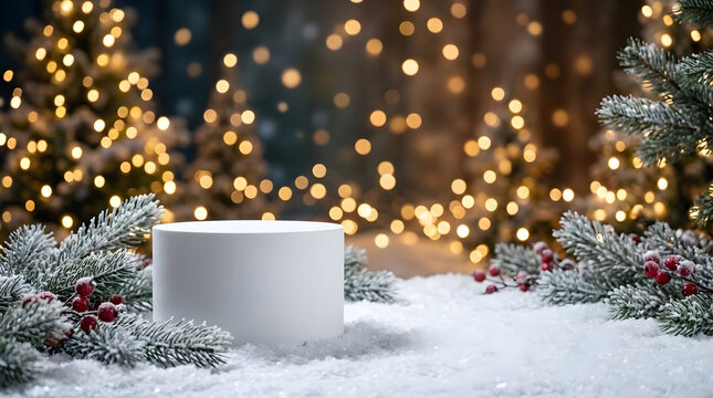 White Podium on Snow with Christmas Bokeh Lights