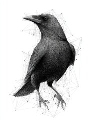 Obraz premium Minimalist Dotwork Stippling Illustration Of A Crow Against A Pure White Background