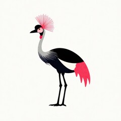 Obraz premium Minimalist Illustration Of A Grey Crowned Crane With Pink Feathers Isolated On White Background
