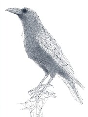 Obraz premium Minimalist Pointillism Illustration Of A Black Crow Perched On A Branch Against White Background