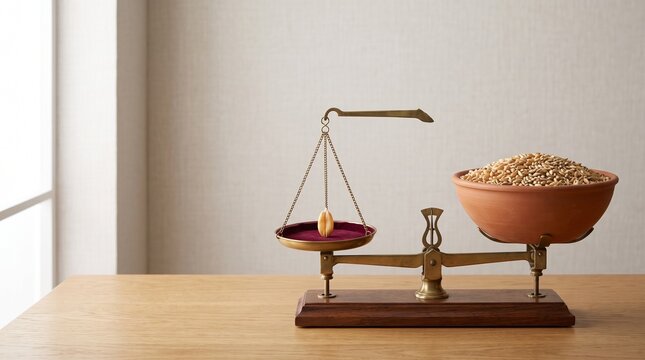Vintage brass balance scale with terracotta bowl and grain, diet concept