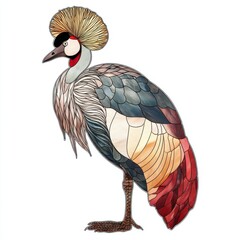 Obraz premium Mosaic Style Illustration Of A Grey Crowned Crane Standing Isolated On A White Background