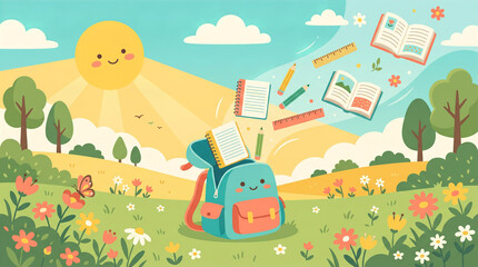 Naklejka premium School backpack with books and supplies flying in meadow