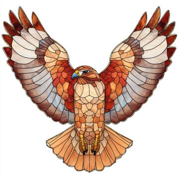 Mosaic Style Illustration Of A Majestic Flying Hawk With Intricate Brown And Tan Feather Patterns