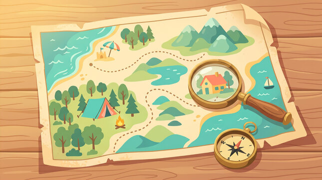 Treasure map with compass and magnifying glass on wooden table