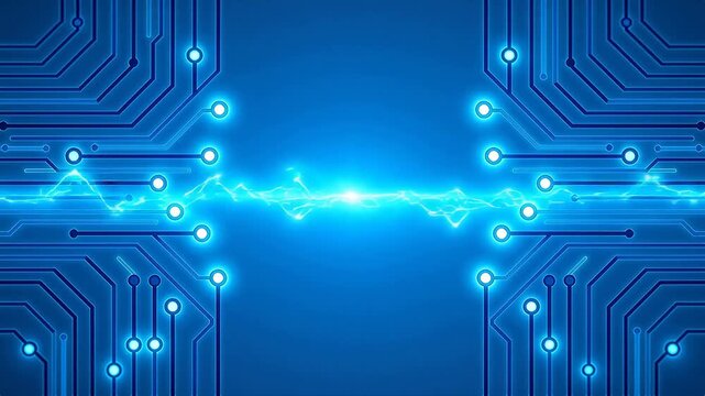 Symmetrical circuit board pattern with blue lines and nodes on light gray background