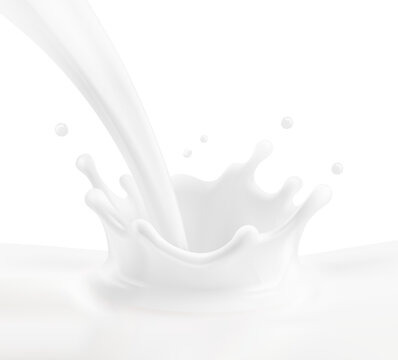 A realistic milk, cream crown splash with scattered droplets mockup. 3d realistic editable vector illustration isolated on white background. Ready layered template for dairy product design. EPS10.