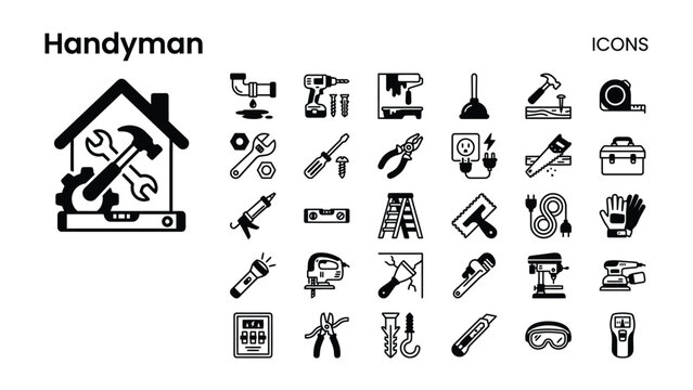 Handyman Icon Set: A comprehensive collection of handyman and construction-related icons, representing various tools and services for home repair and renovation.
