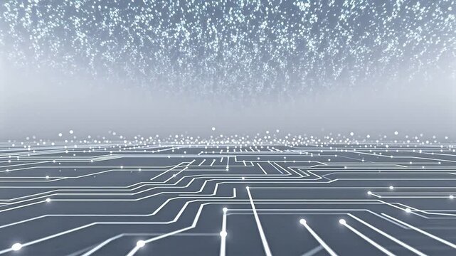 White circuit lines with scattered glowing points on a gray gradient background