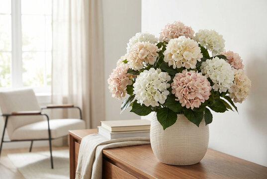 Artificial hydrangea bush in a modern vase on a wooden table  