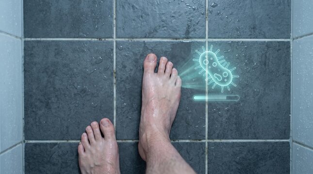 feet standing on a wet dark tile bathroom floor with a bacteria