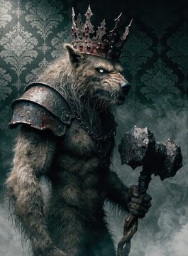 Werewolf king wearing a spiked crown and holding a heavy war hammer in a dark gothic portrait