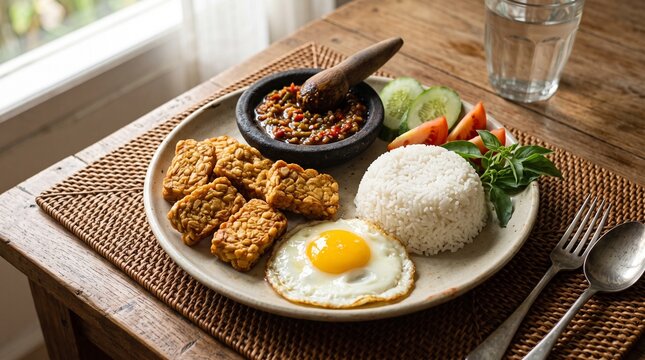 Fried tempe and egg penyetan with spicy sambal, rice and fresh vegetables, suited to Indonesian restaurant menus, food campaigns, recipe publishing and meal advertising.