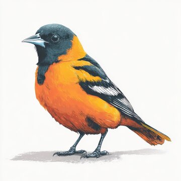Pixel Art Illustration Of An Orange And Black Baltimore Oriole Bird On A Clean White Background