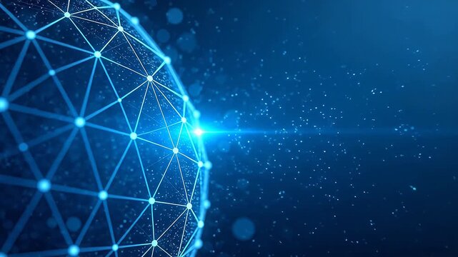 Abstract blue spherical network structure with glowing nodes on a dark blue background