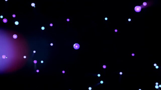 Colorful abstract spheres in motion with glowing effects, creating a dynamic visual flow against a dark background, showcasing vibrant hues and light trails