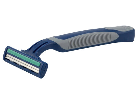 Isolated blue and gray disposable razor with three blades and a green lubricating strip, perfect for personal hygiene and shaving.