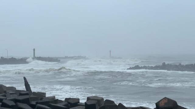 Rough Sea And Waves Crashing Into Coast As Hurricane Nears Land