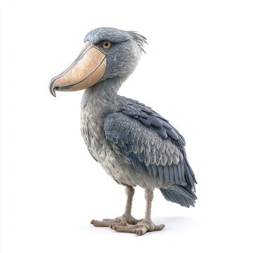 Shoebill Stork Standing Isolated On White Background Featuring Detailed Grey Plumage And Large Beak