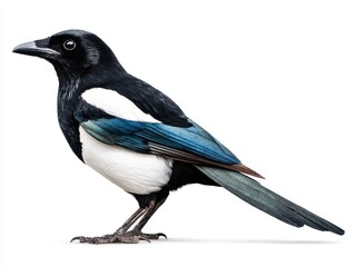 Fototapeta premium Side View Of An Eurasian Magpie Isolated On A Clean White Background With Shimmering Plumage