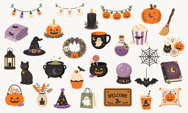 Halloween home and party essentials set with pumpkins, candles, witch hat, cauldron, broom, black cat, ghost decor, sweets, lantern, wreath and seasonal accessories. 