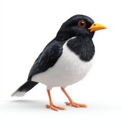 Obraz premium Small Black And White Bird With Yellow Beak Standing On White Background Studio Photography
