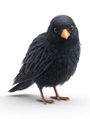 Fototapeta premium Small Black Bird With Soft Texture And Orange Beak Isolated On A Clean White Background