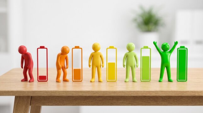 Colorful plastic human figures standing beside vertical battery charge icons showing varying levels from low energy to full capacity power