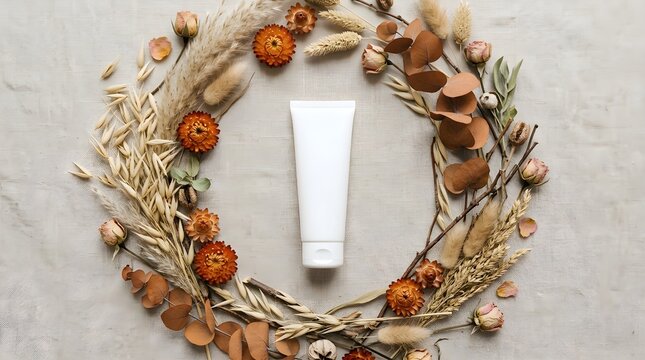 Beautiful elegant dried flower wreath design featuring a pristine white label perfect for showcasing products with a natural and calming beauty aesthetic