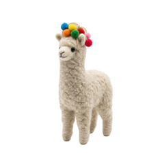 Fototapeta premium A fluffy beige llama figurine with a colorful pom pom hat, isolated on a transparent background.