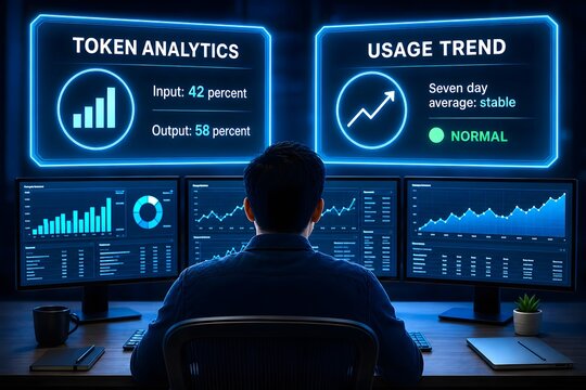Token analytics dashboard showing input output split and trend