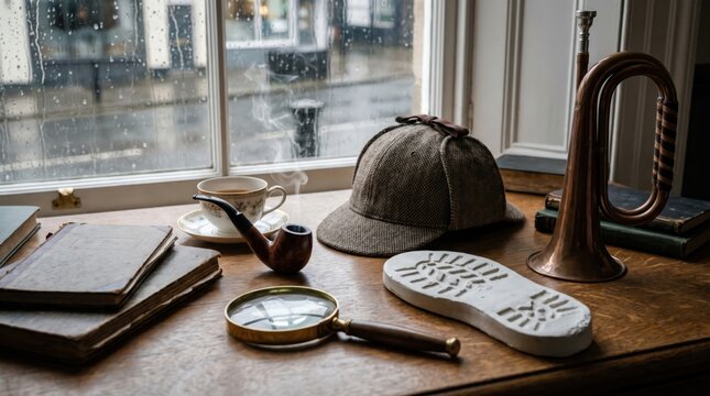Deerstalker hat, smoking pipe, and magnifying glass sit on a wooden desk by a window.