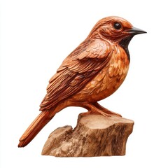 Fototapeta premium Small Brown Bird Figurine Perched On A Log Isolated On A Pure White Background