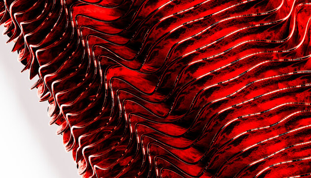 Red wavy metallic surface with reflective abstract patterns