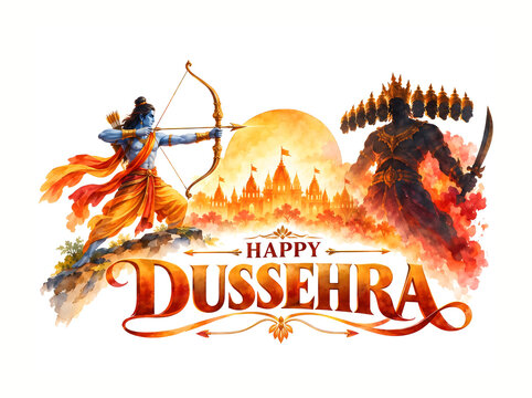 Happy Dussehra: Epic mythological battle of Ramayana with beautiful temple background.