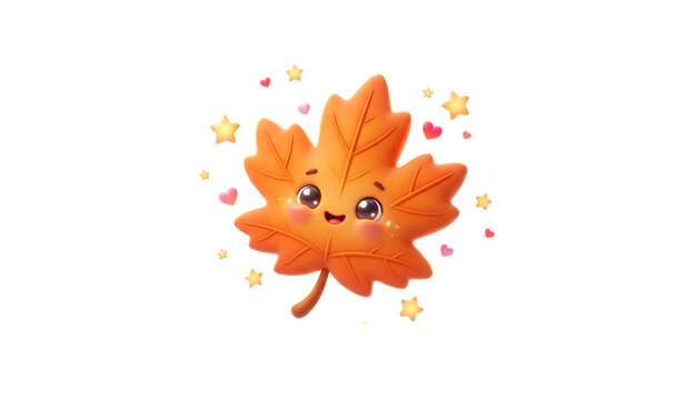 Cute 3D Orange Maple Leaf Character with Stars and Hearts