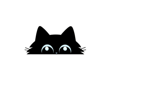 Black cat peeking with big blue eyes, isolated on transparent background
