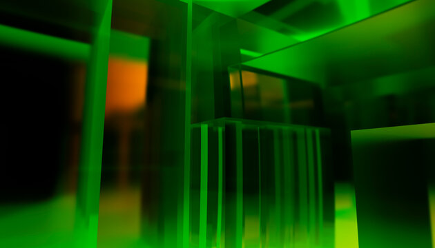 Green translucent glass blocks in abstract architectural setting