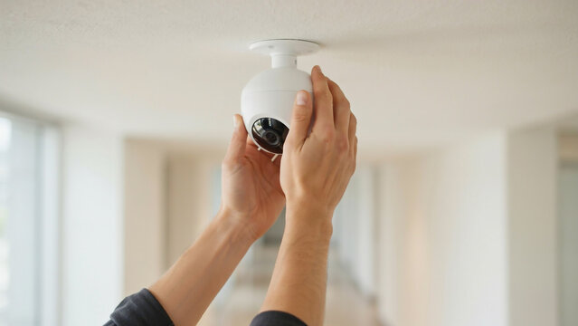 Person installing security camera on ceiling indoors