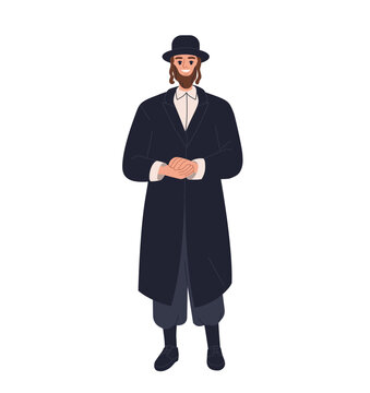 Orthodox Jewish man, religious Jew character. Jew man, Jewish from Judaism religion. Young religious Judaic person in traditional attire. Flat vector illustration isolated on white background